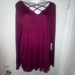 GLITZ Merlot CrissCross Collar Lightweight Long Sleeve Shirt-2X {NWT}